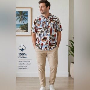 JOGAL Men's White Tropical Surf Print Button-Up Shirt Size XL
